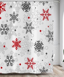 Grey Red White Snowflake Christmas Winter Shower Curtain Home Bathtub Decor