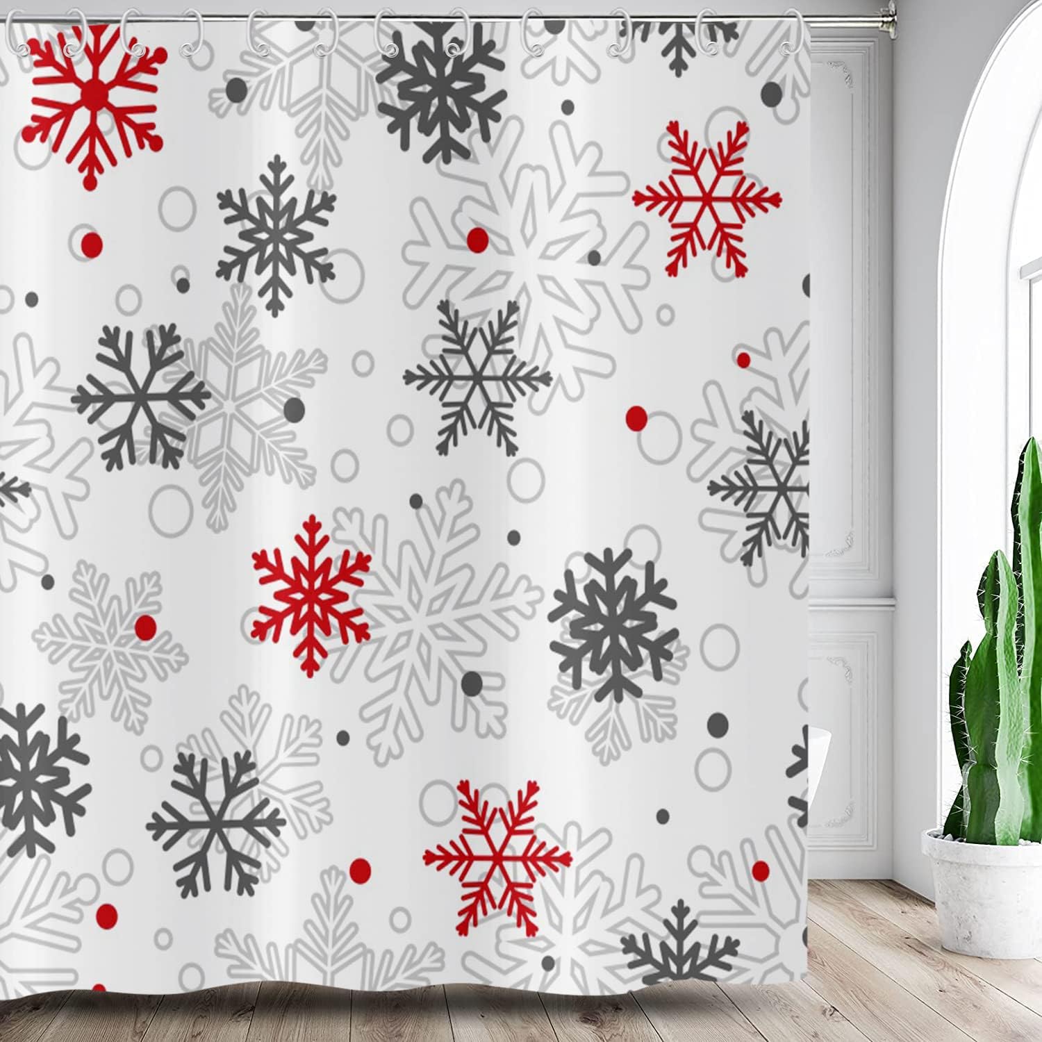 Grey Red White Snowflake Christmas Winter Shower Curtain Home Bathtub Decor