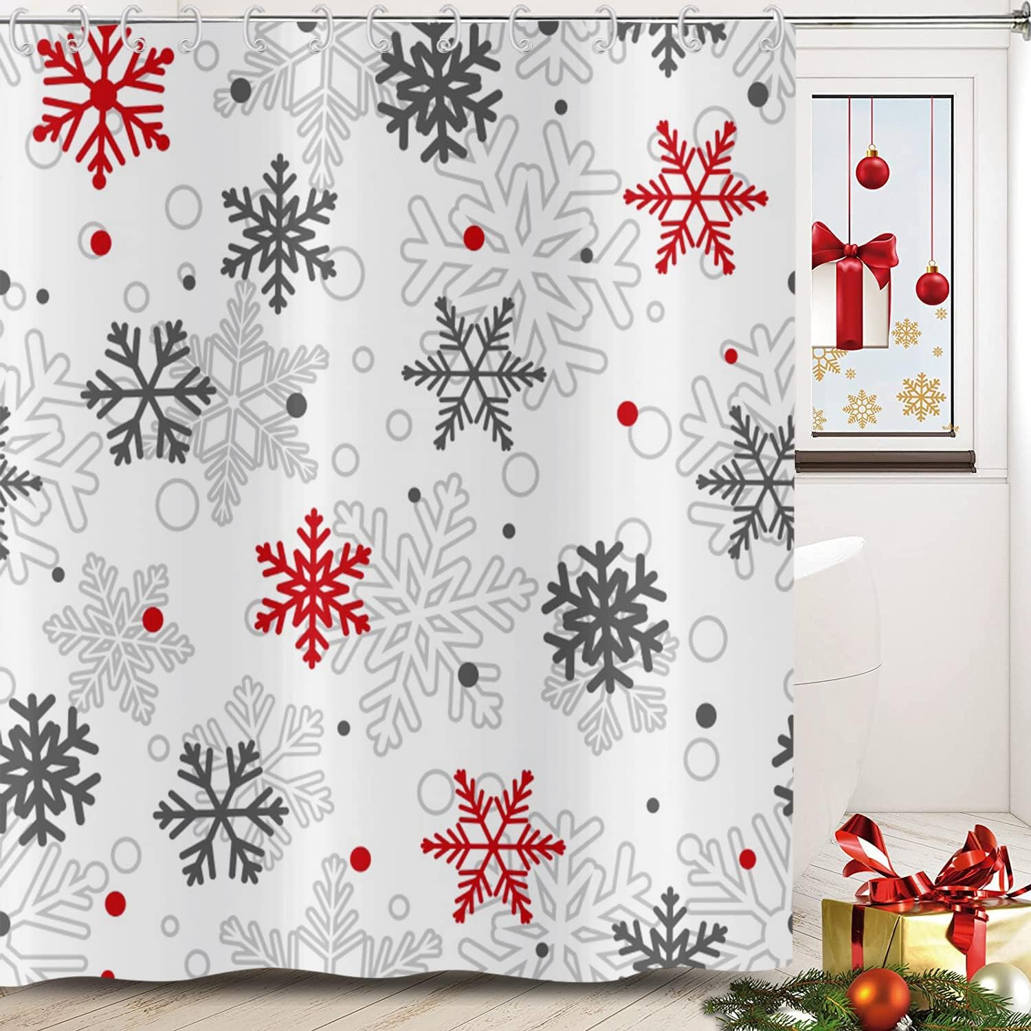 Grey Red White Snowflake Christmas Winter Shower Curtain Home Bathtub Decor