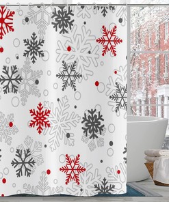 Grey Red White Snowflake Christmas Winter Shower Curtain Home Bathtub Decor