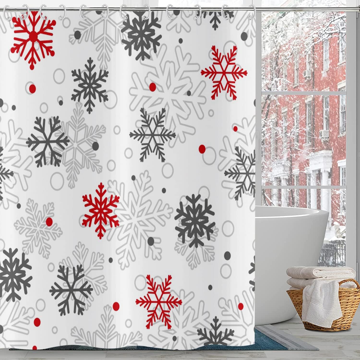 Grey Red White Snowflake Christmas Winter Shower Curtain Home Bathtub Decor