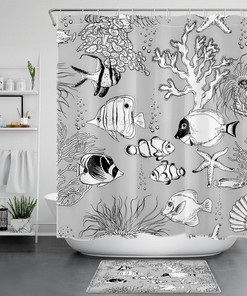 Grey Seashell, Coral, Starfish, and Tropical Fish Shower Curtain for Bathroom