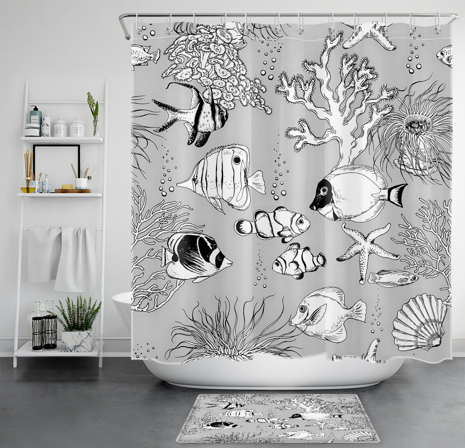 Grey Seashell, Coral, Starfish, and Tropical Fish Shower Curtain for Bathroom