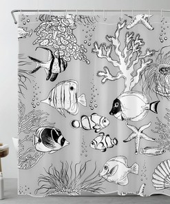 Grey Seashell, Coral, Starfish, and Tropical Fish Shower Curtain for Bathroom