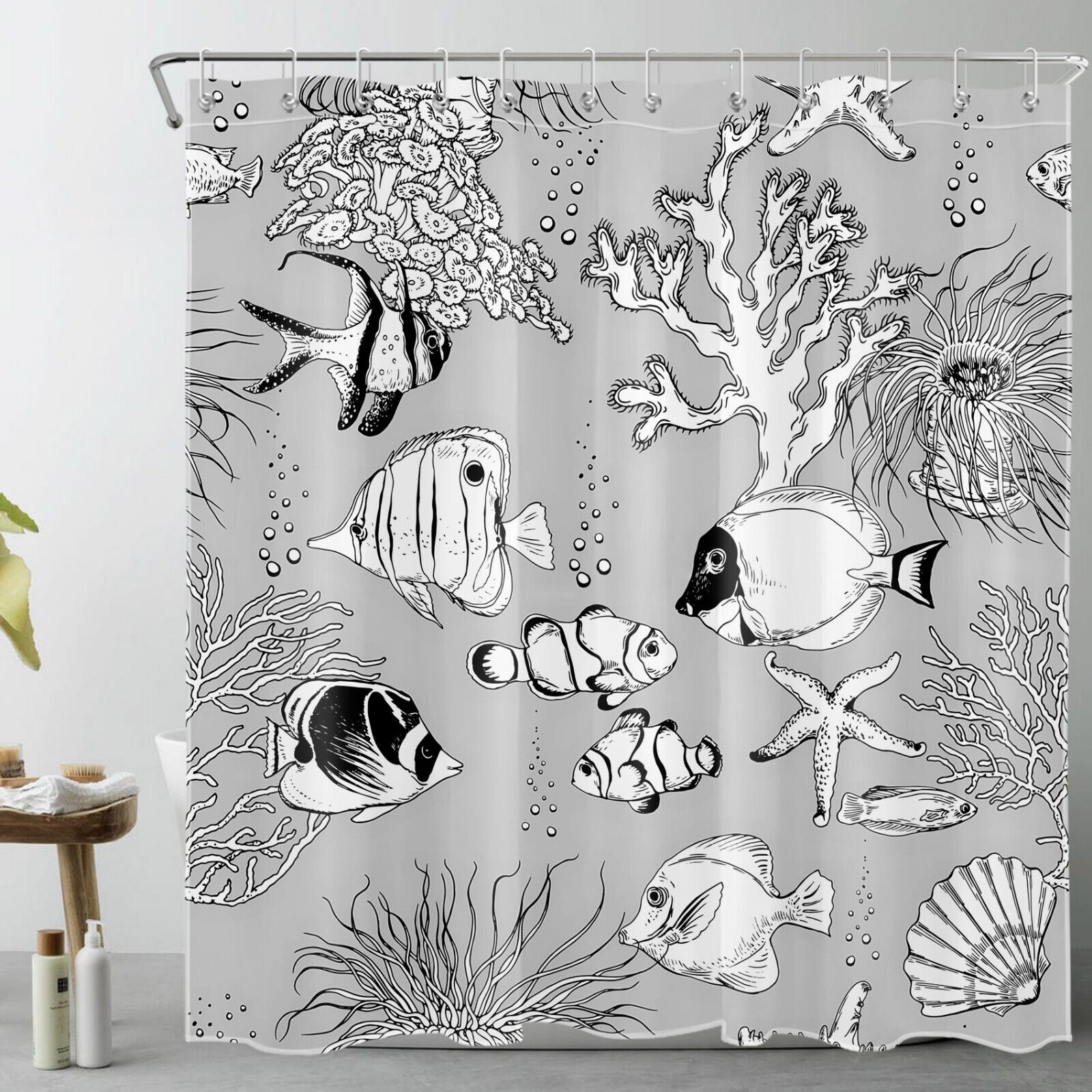 Grey Seashell, Coral, Starfish, and Tropical Fish Shower Curtain for Bathroom