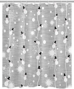 Grey Snowman Cartoon Shower Curtain for Kids Bathroom with Snowflakes and Xmas Elements 
