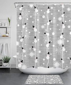 Grey Snowman Cartoon Shower Curtain for Kids Bathroom with Snowflakes and Xmas Elements