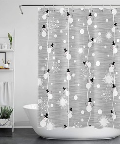 Grey Snowman Cartoon Shower Curtain for Kids Bathroom with Snowflakes and Xmas Elements 