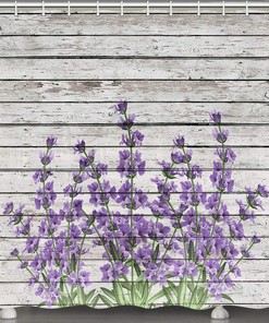 Grey Striped Lavender Floral Fabric Shower Curtain with Waterproof Art Design