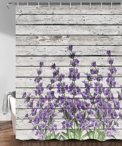 Grey Striped Lavender Floral Fabric Shower Curtain with Waterproof Art Design