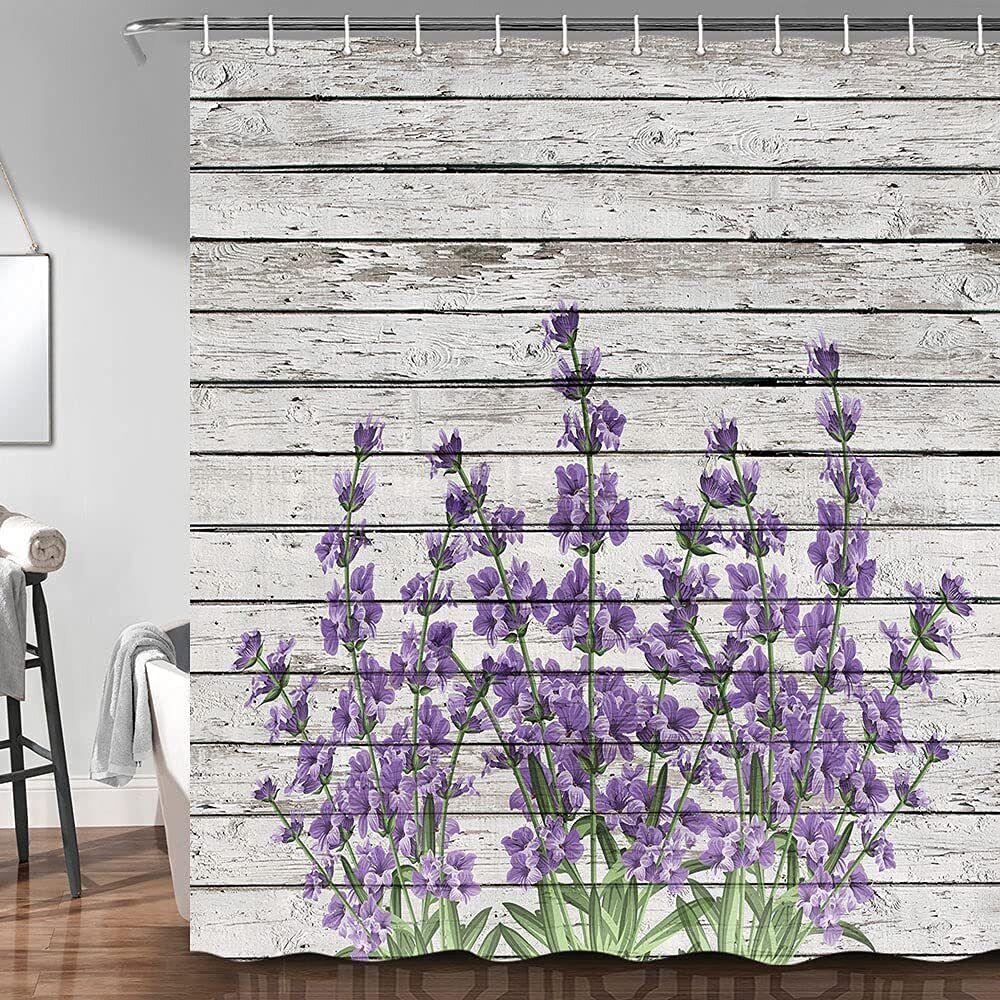 Grey Striped Lavender Floral Fabric Shower Curtain with Waterproof Art Design