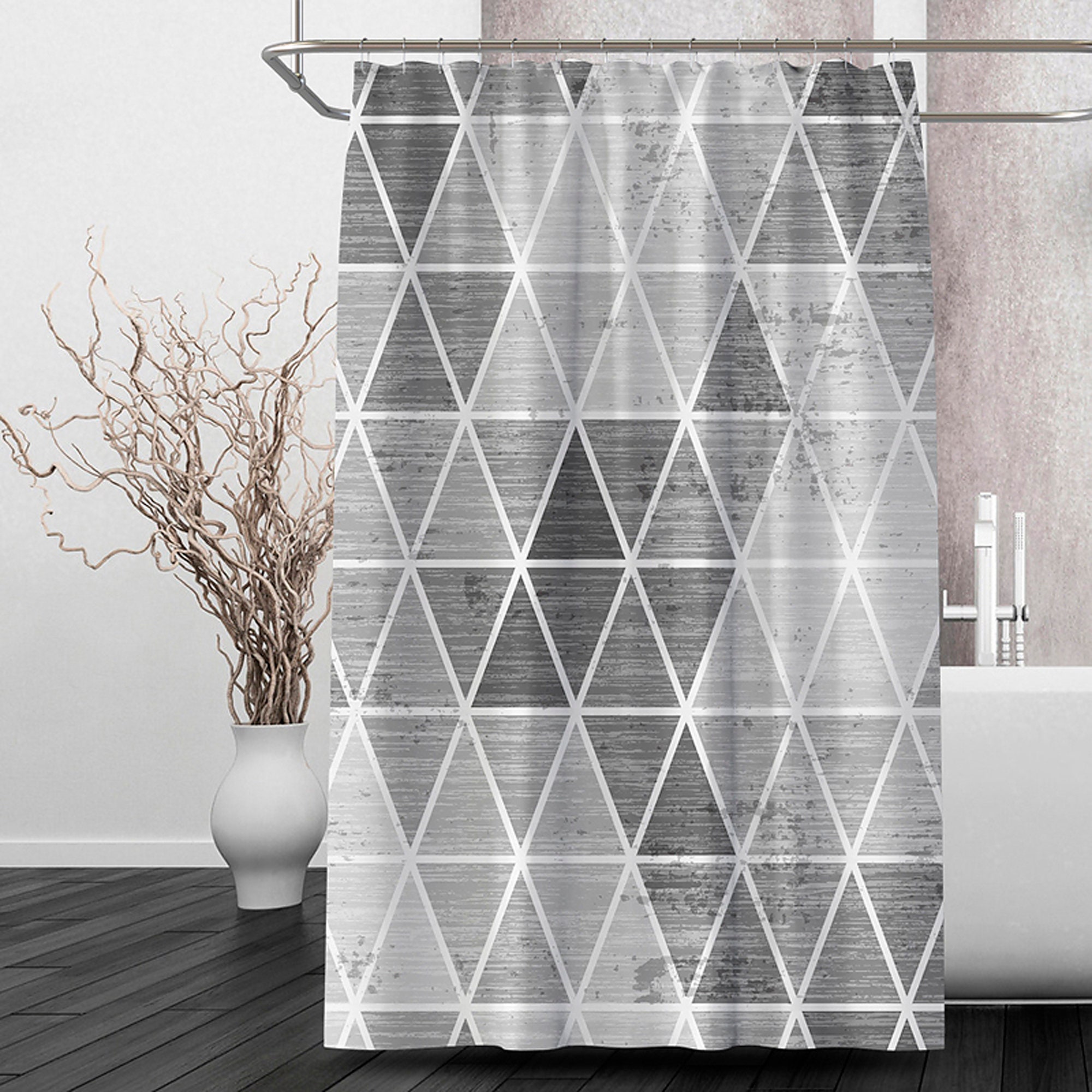 Grey Triangle Print Shower Curtain For Modern Bathroom