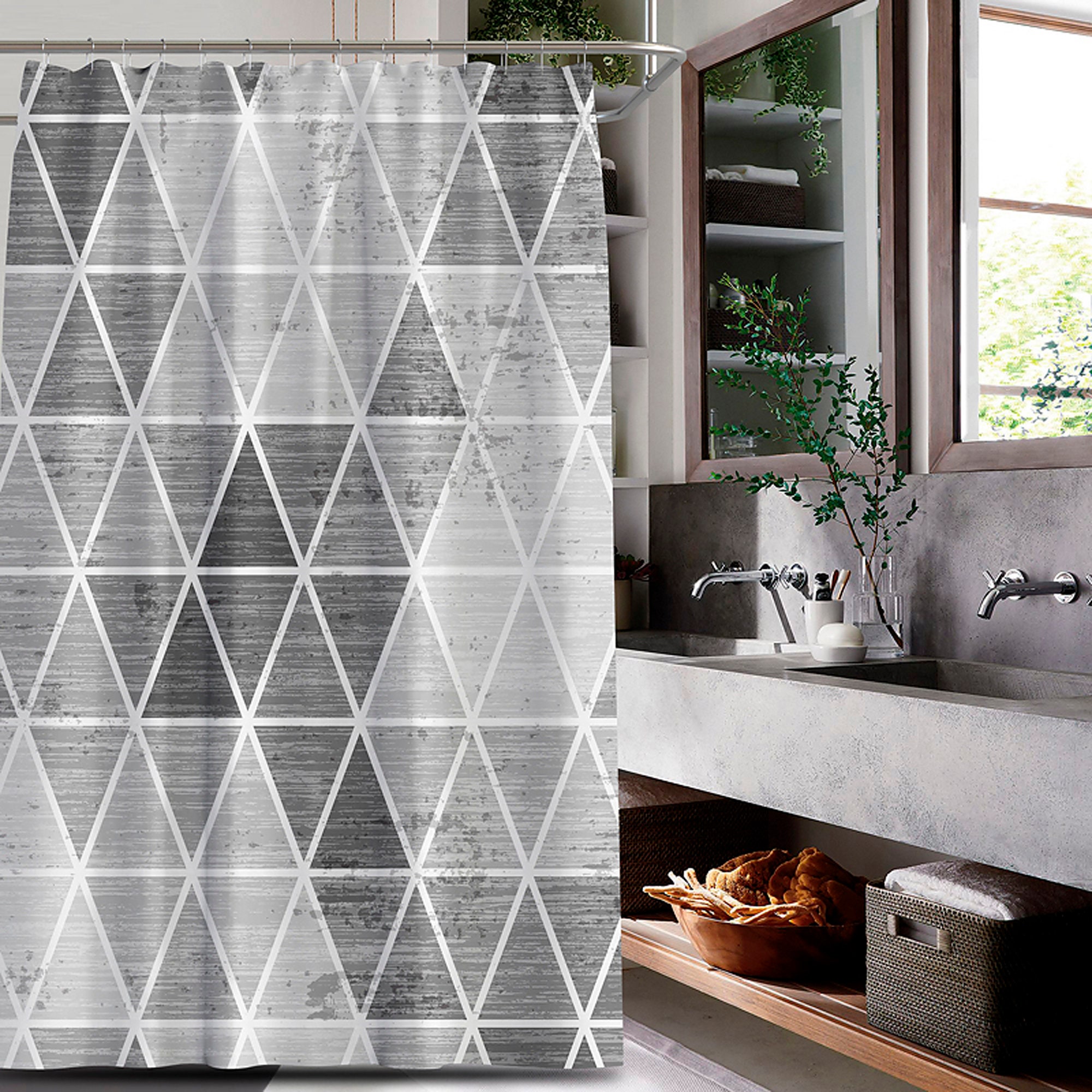 Grey Triangle Print Shower Curtain For Modern Bathroom