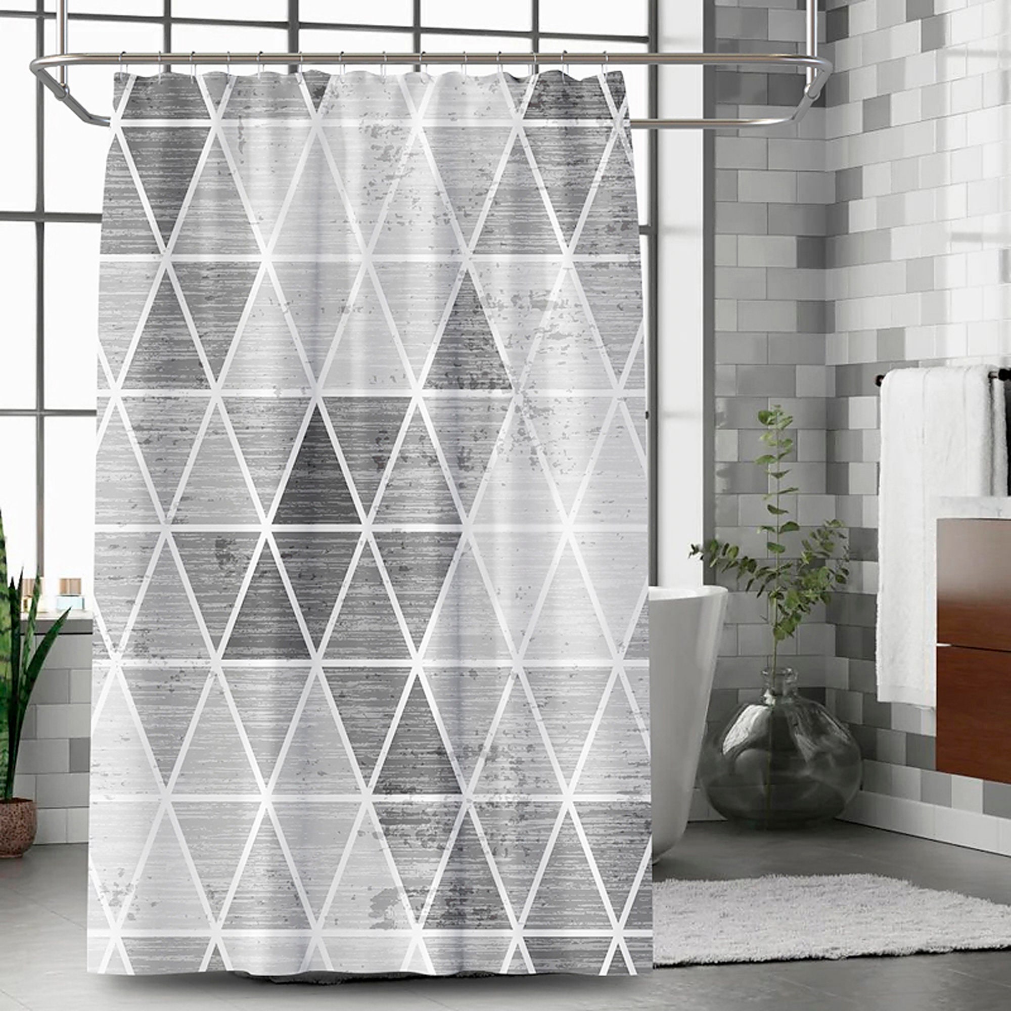 Grey Triangle Print Shower Curtain For Modern Bathroom