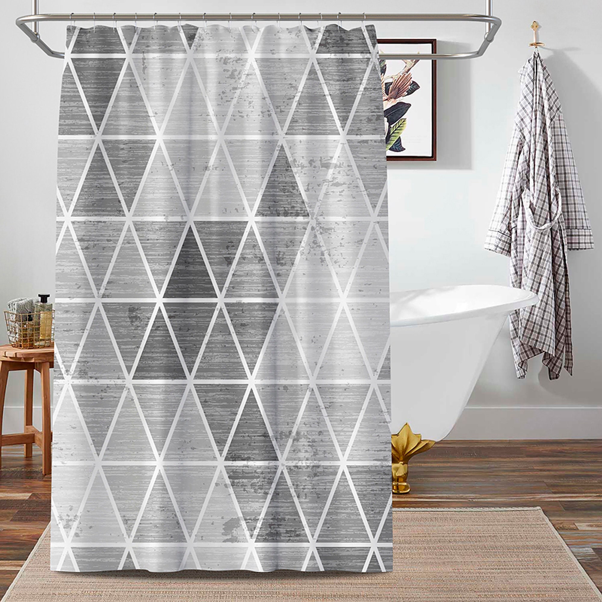 Grey Triangle Print Shower Curtain For Modern Bathroom
