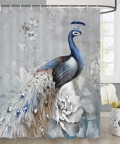 Grey Vintage Peacock Painting Shower Curtain - Classic Retro Asian Art Style