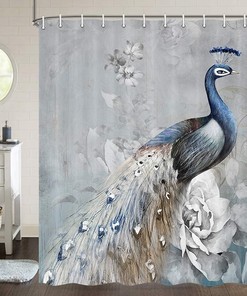 Grey Vintage Peacock Painting Shower Curtain - Classic Retro Asian Art Style