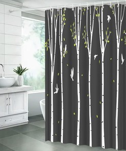 Grey White Abstract Birch Forest Bird Country Nature Landscape Shower Curtain For Chic Bathroom Decor