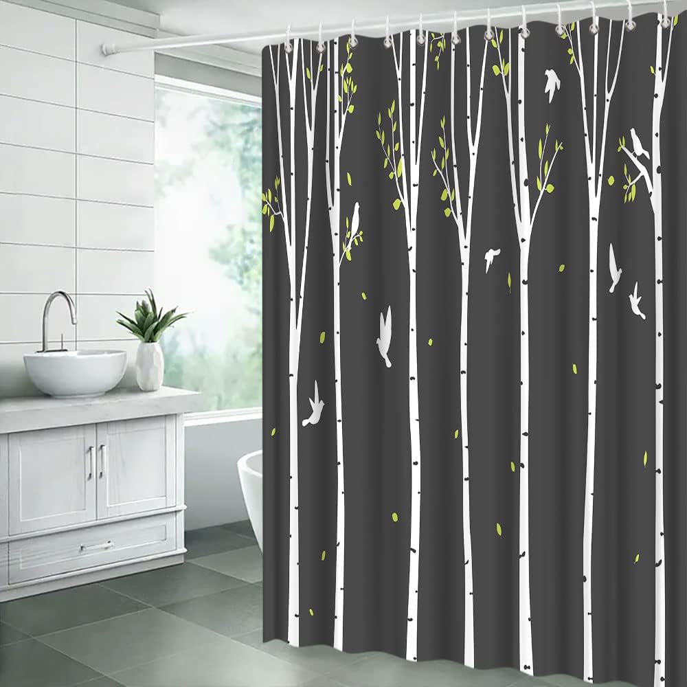 Grey White Abstract Birch Forest Bird Country Nature Landscape Shower Curtain For Chic Bathroom Decor