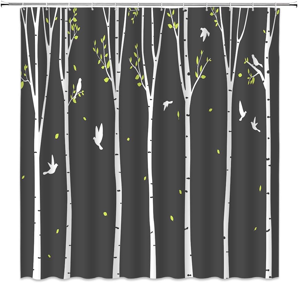 Grey White Abstract Birch Forest Bird Country Nature Landscape Shower Curtain For Chic Bathroom Decor - Image 2
