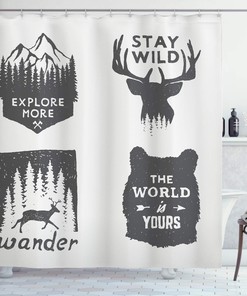 Grey Wilderness Emblems Stay Wild Wander Arrow Pine Wildlife Shower Curtain