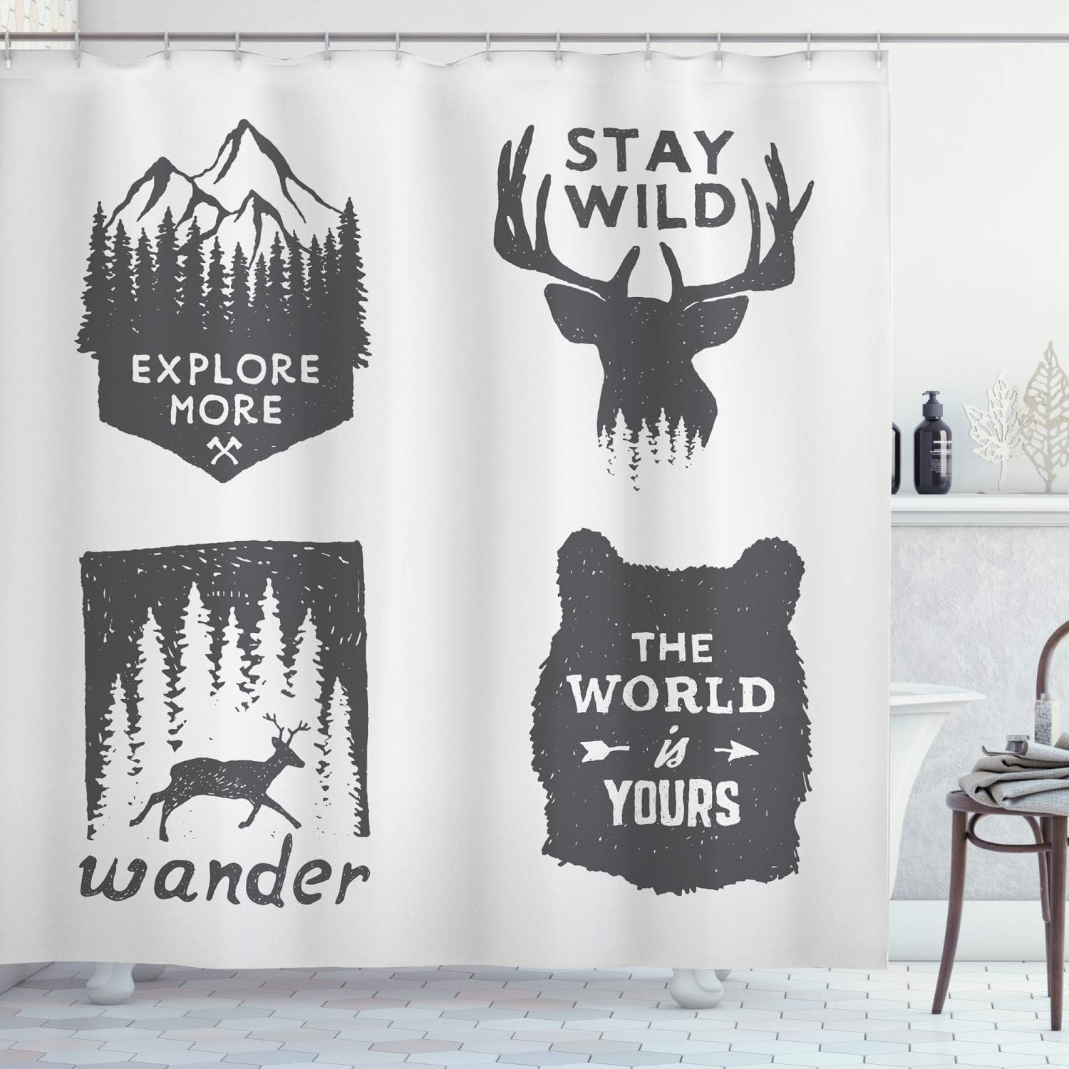 Grey Wilderness Emblems Stay Wild Wander Arrow Pine Wildlife Shower Curtain