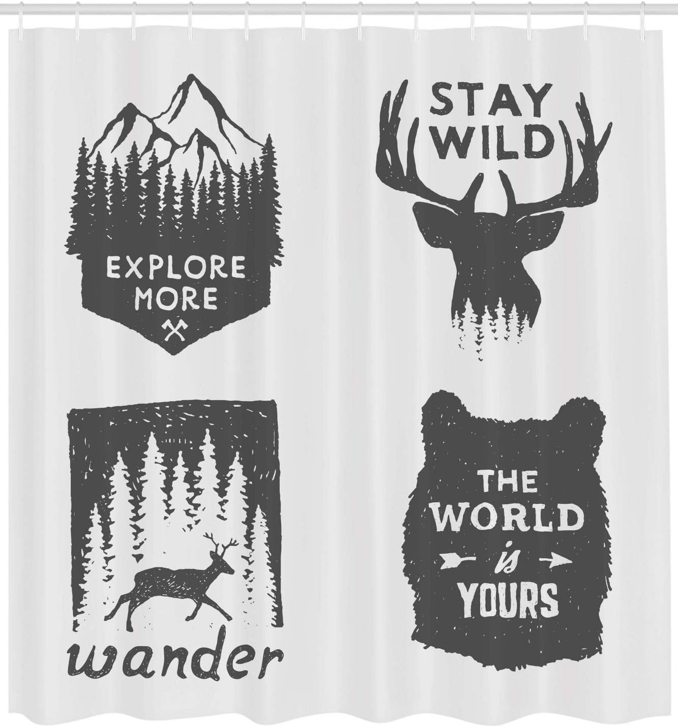 Grey Wilderness Emblems Stay Wild Wander Arrow Pine Wildlife Shower Curtain - Image 2