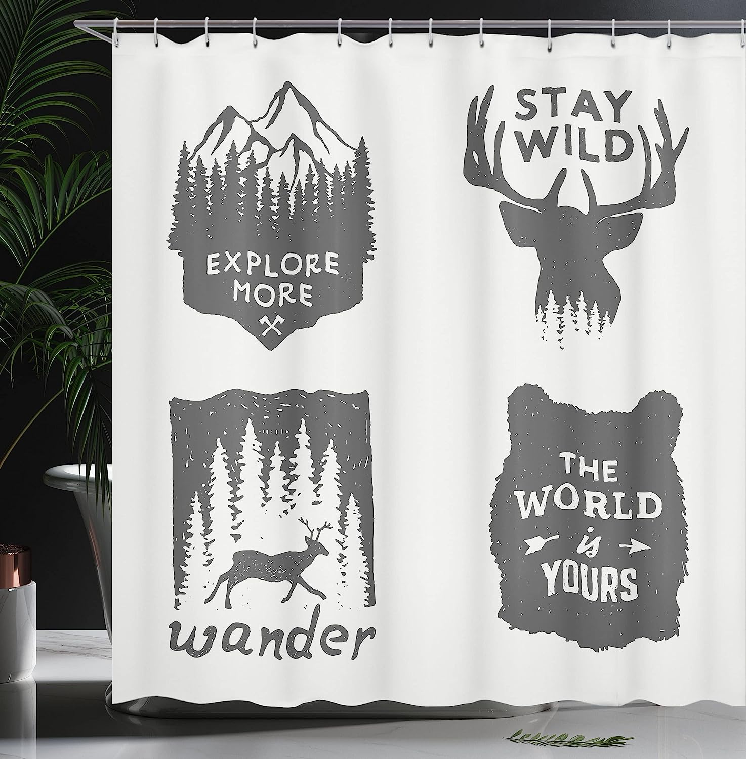 Grey Wilderness Emblems Stay Wild Wander Arrow Pine Wildlife Shower Curtain - Image 3