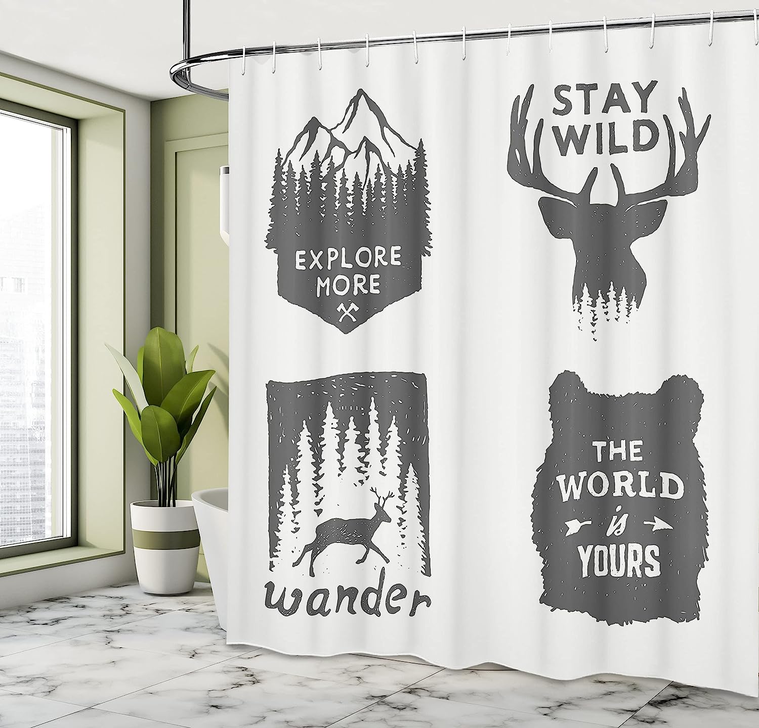 Grey Wilderness Emblems Stay Wild Wander Arrow Pine Wildlife Shower Curtain - Image 4