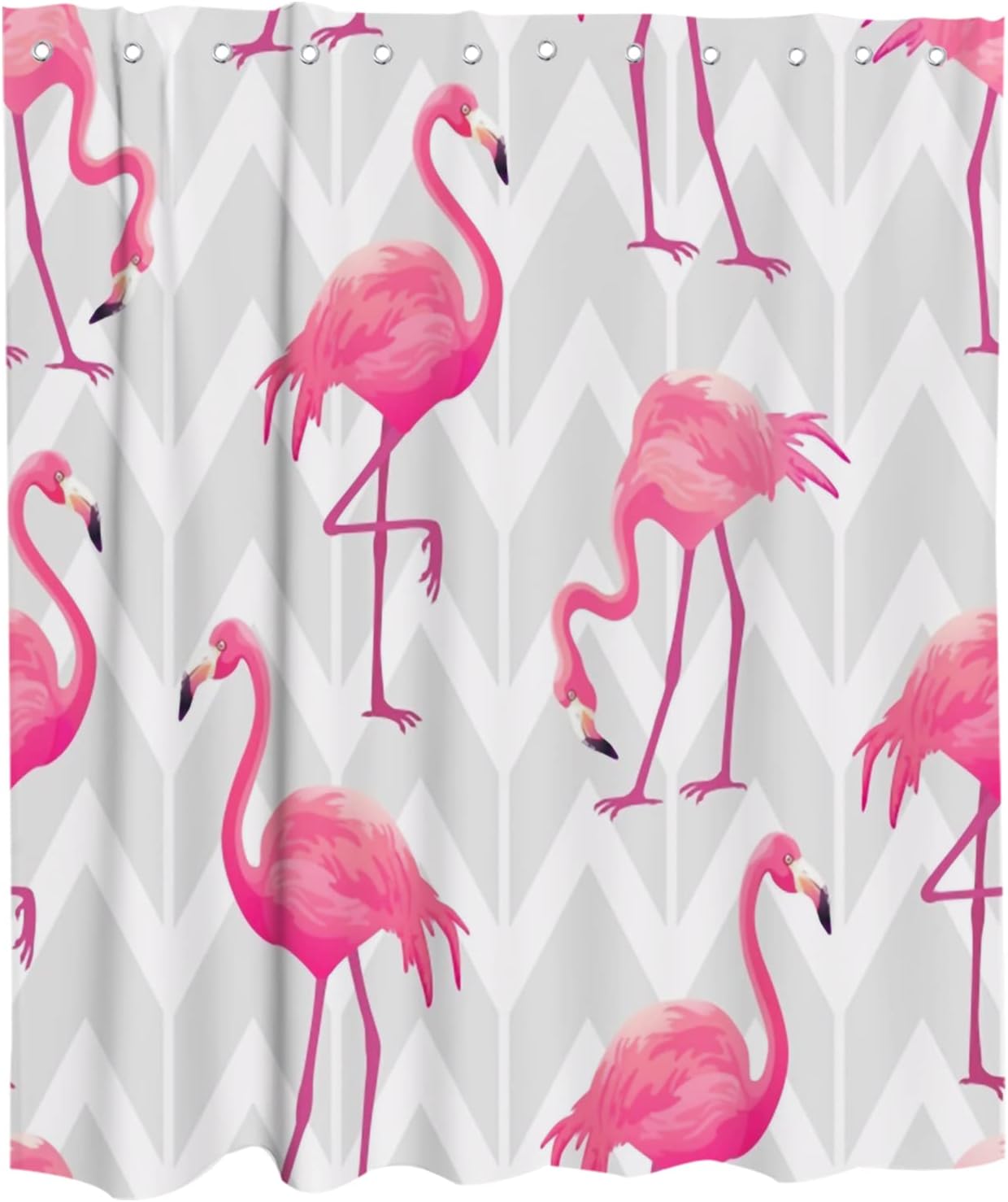 Grey Zigzag Stripe Flamingos Shower Curtain, Tropical Bird Theme for Modern Bathroom