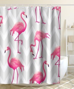 Grey Zigzag Stripe Flamingos Shower Curtain, Tropical Bird Theme for Modern Bathroom