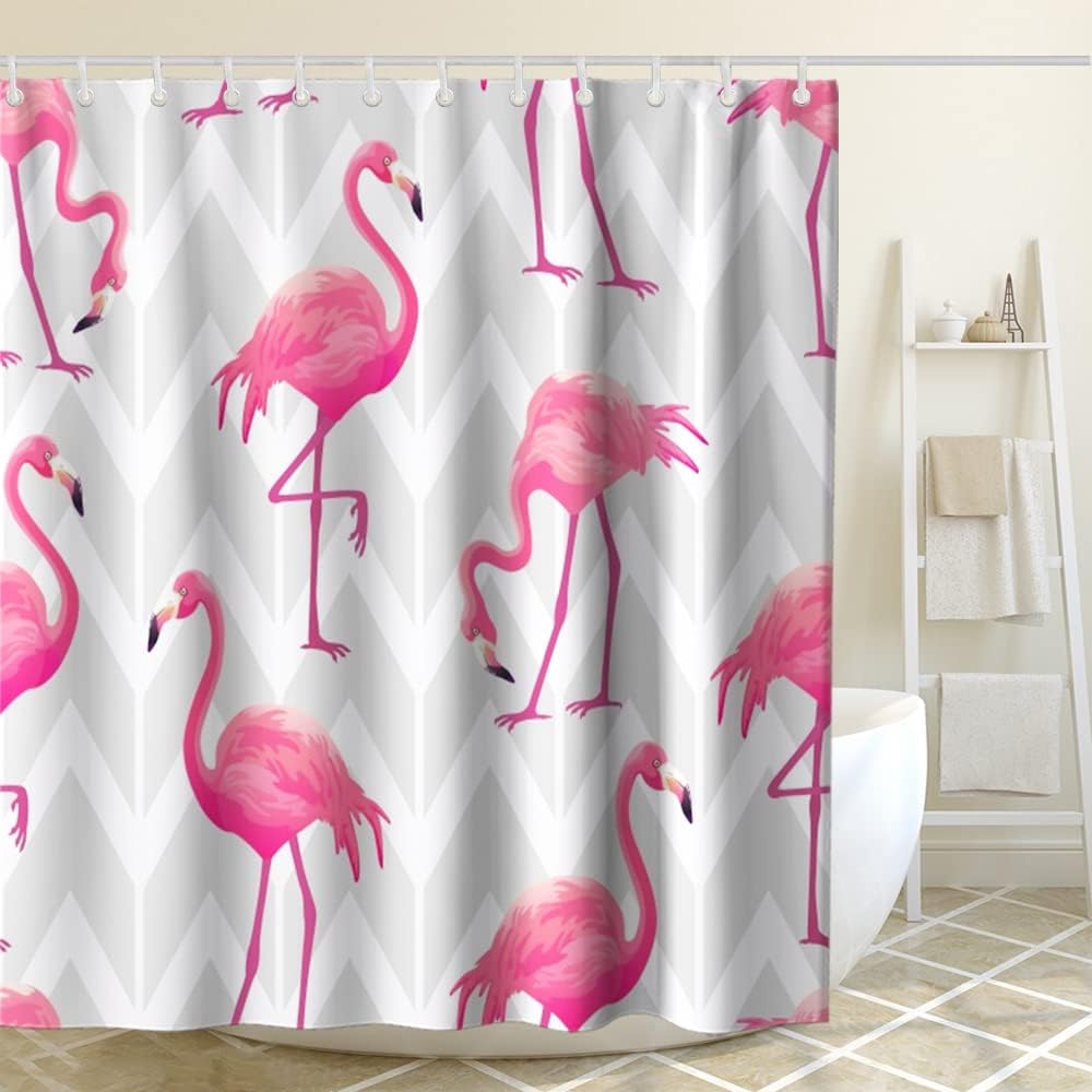 Grey Zigzag Stripe Flamingos Shower Curtain, Tropical Bird Theme for Modern Bathroom