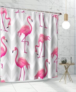 Grey Zigzag Stripe Flamingos Shower Curtain, Tropical Bird Theme for Modern Bathroom