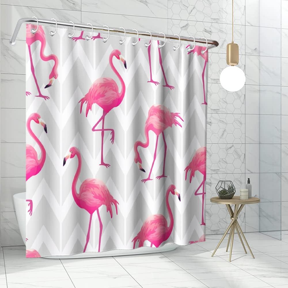 Grey Zigzag Stripe Flamingos Shower Curtain, Tropical Bird Theme for Modern Bathroom