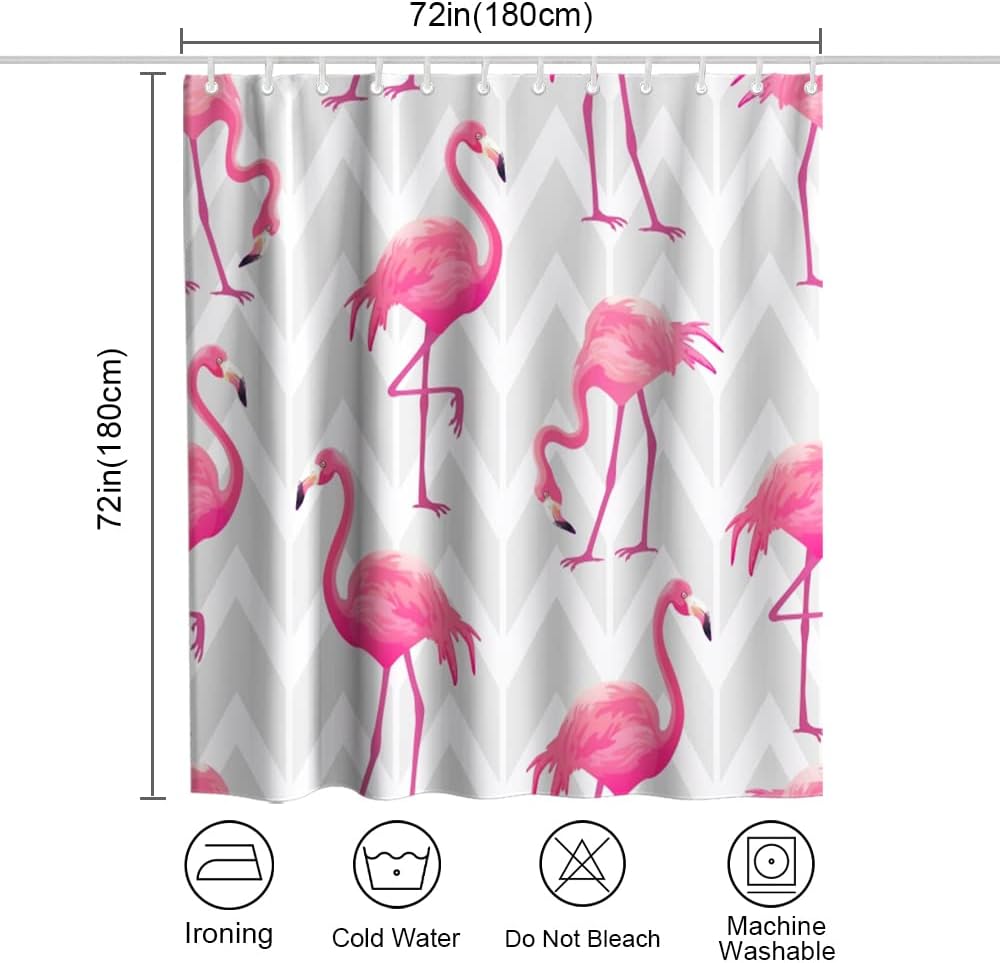 Grey Zigzag Stripe Flamingos Shower Curtain, Tropical Bird Theme for Modern Bathroom