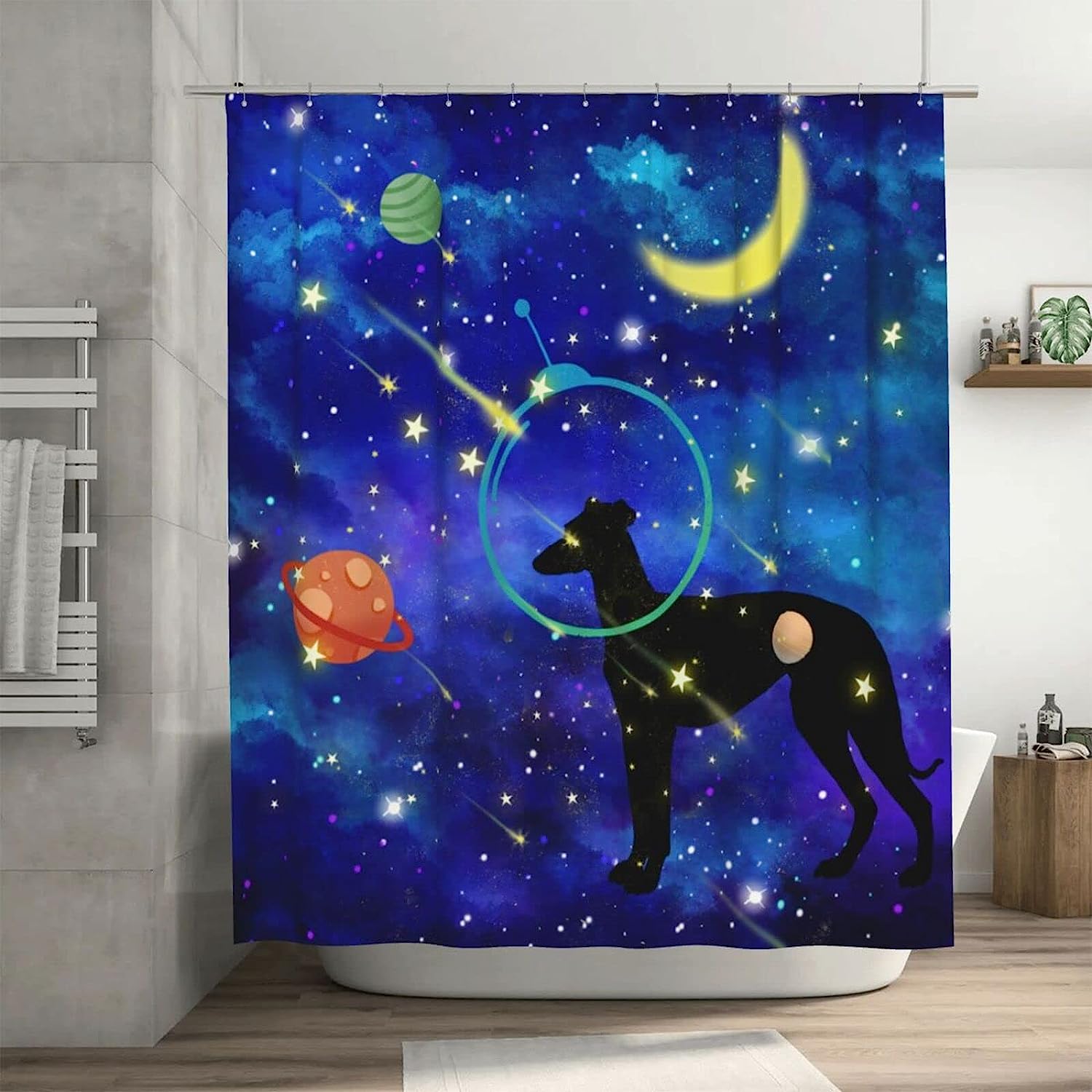 Greyhound Funny Animal Planet Moon Shower Curtain for a Unique Bathroom