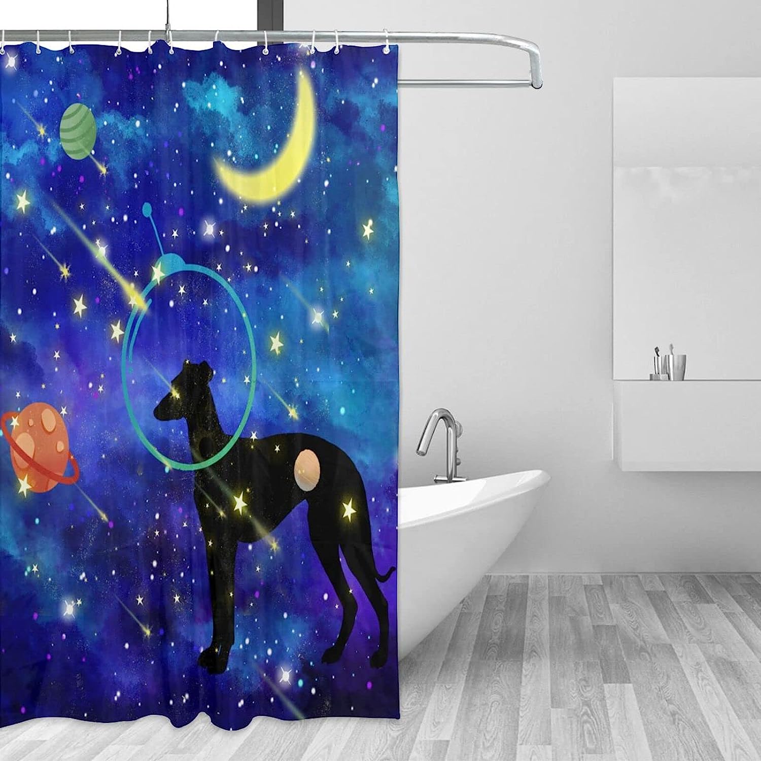 Greyhound Funny Animal Planet Moon Shower Curtain for a Unique Bathroom
