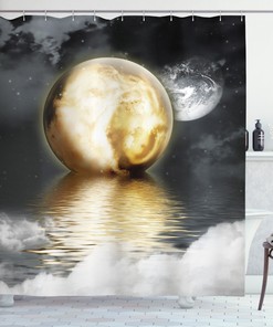 Greyscale World with Clouds Moon Shower Curtain for Moody Bathroom Decor