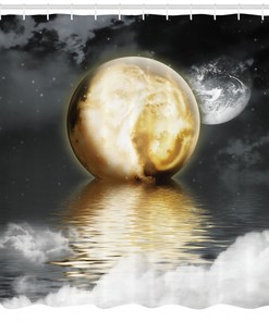 Greyscale World with Clouds Moon Shower Curtain for Moody Bathroom Decor