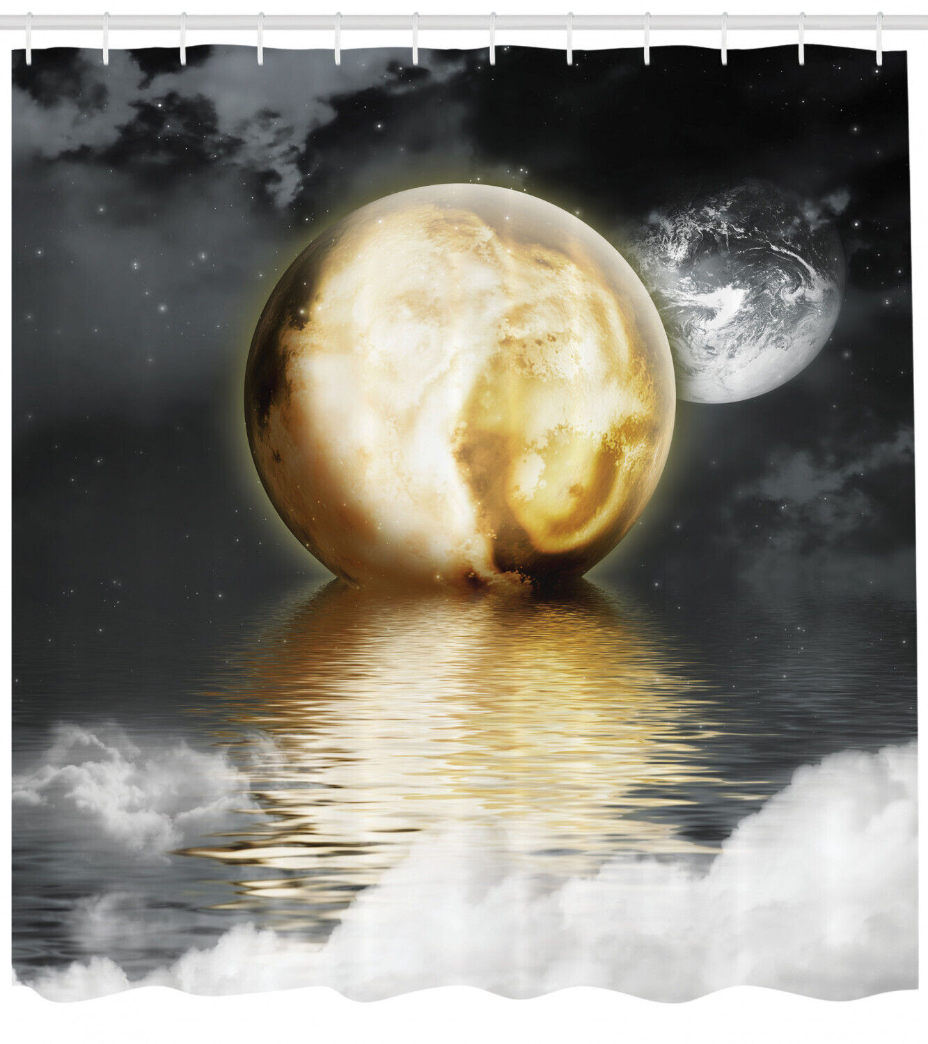 Greyscale World with Clouds Moon Shower Curtain for Moody Bathroom Decor