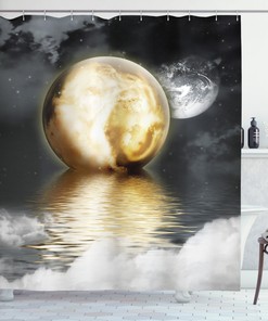 Greyscale World with Clouds Moon Shower Curtain for Moody Bathroom Decor