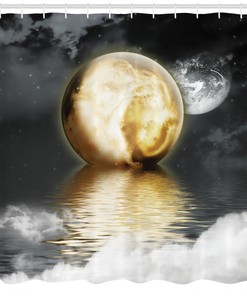 Greyscale World with Clouds Moon Shower Curtain for Moody Bathroom Decor