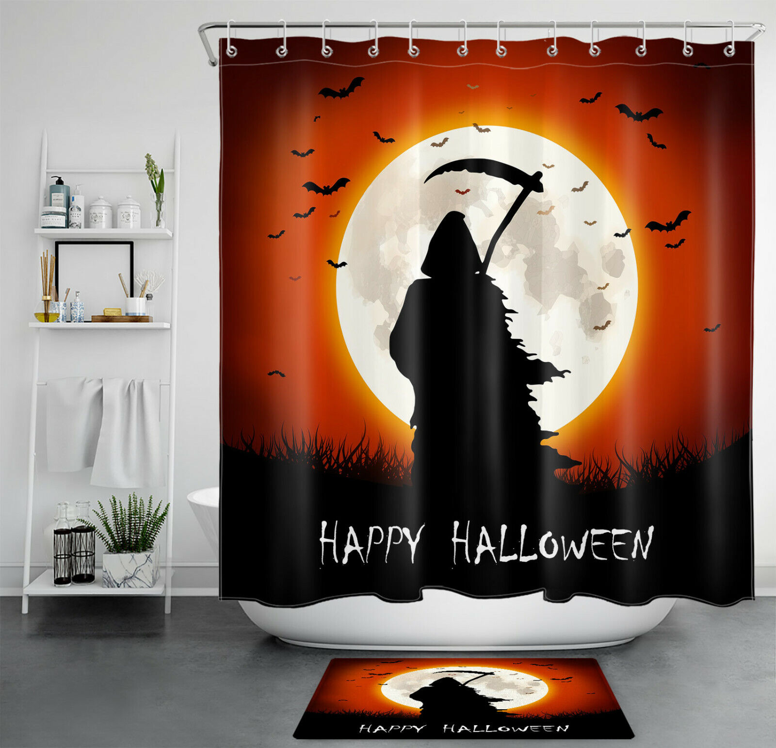 Grim Reaper With Bats For Happy Halloween Shower Curtain For Bathroom