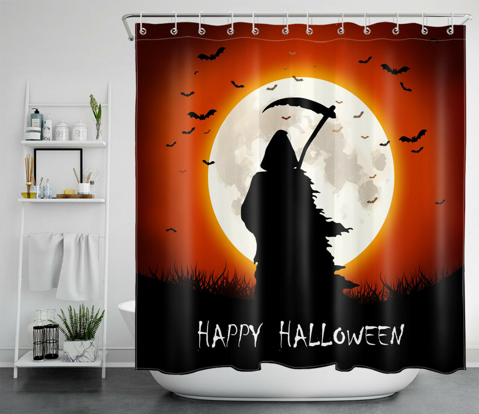 Grim Reaper With Bats For Happy Halloween Shower Curtain For Bathroom