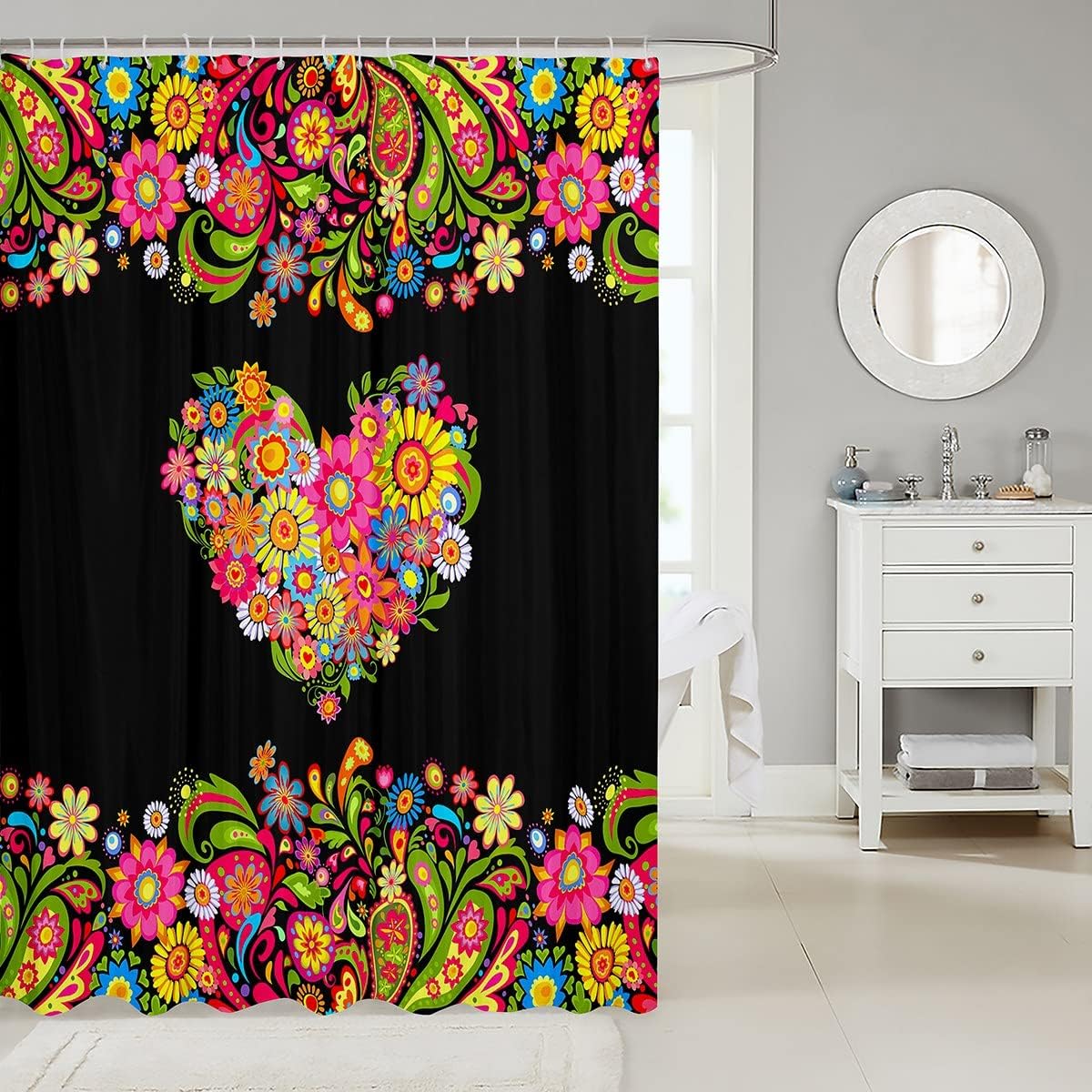 Groovy Heart Shaped Paisley Print Shower Curtain For Bohemian Bathroom Decor