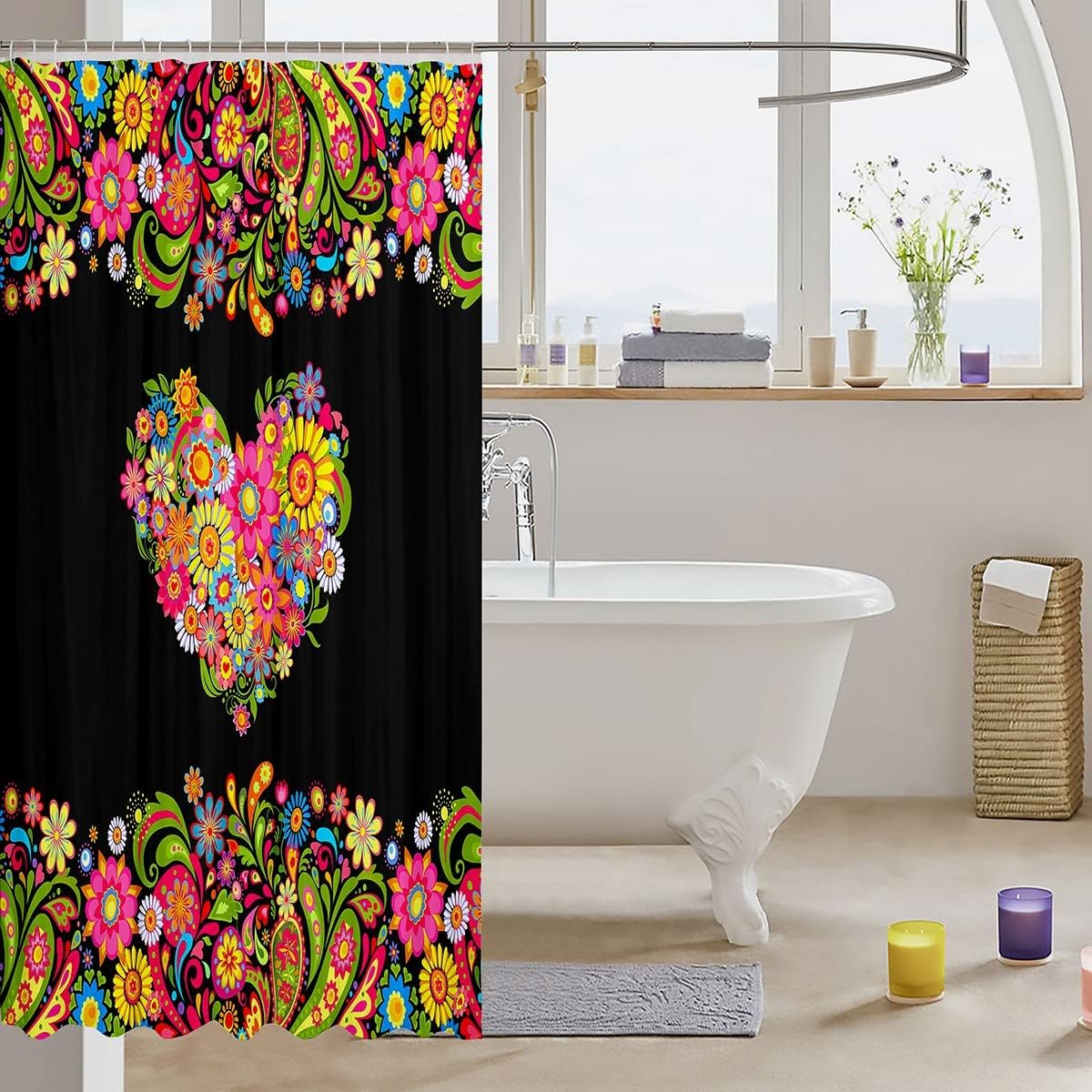 Groovy Heart Shaped Paisley Print Shower Curtain For Bohemian Bathroom Decor