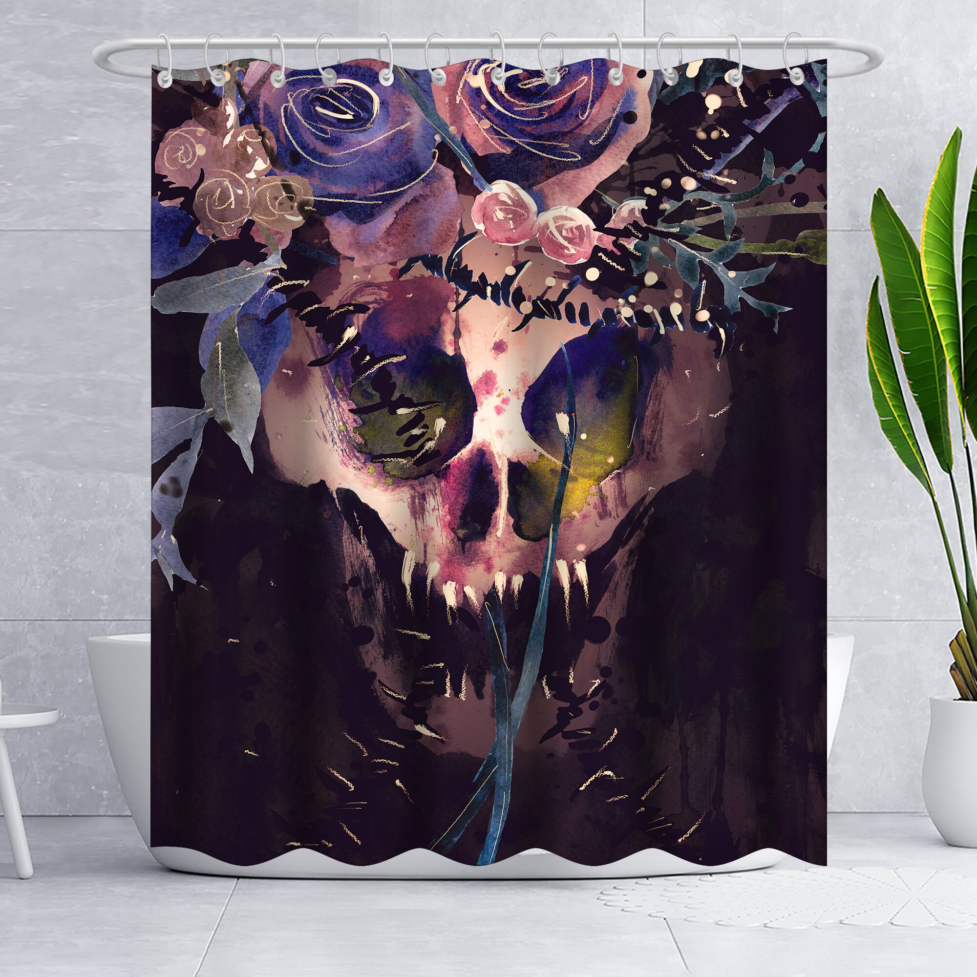Gruesome and Gorgeous Black Sugar Skull Rose Flowers Shower Curtain