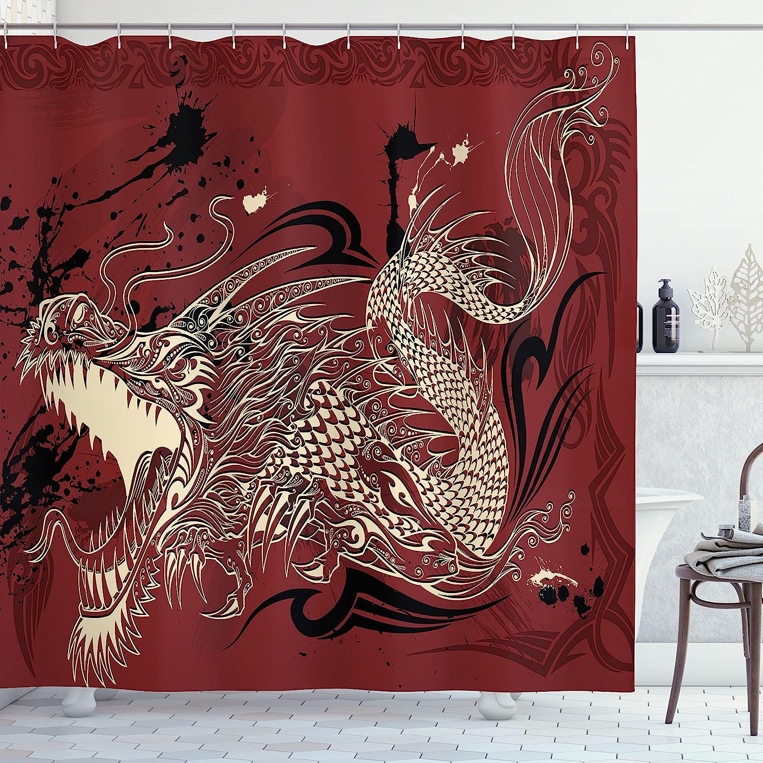 Grunge Angry Dragon Shower Curtain - Cloth Fabric Bathroom Decor In Ivory And Ruby