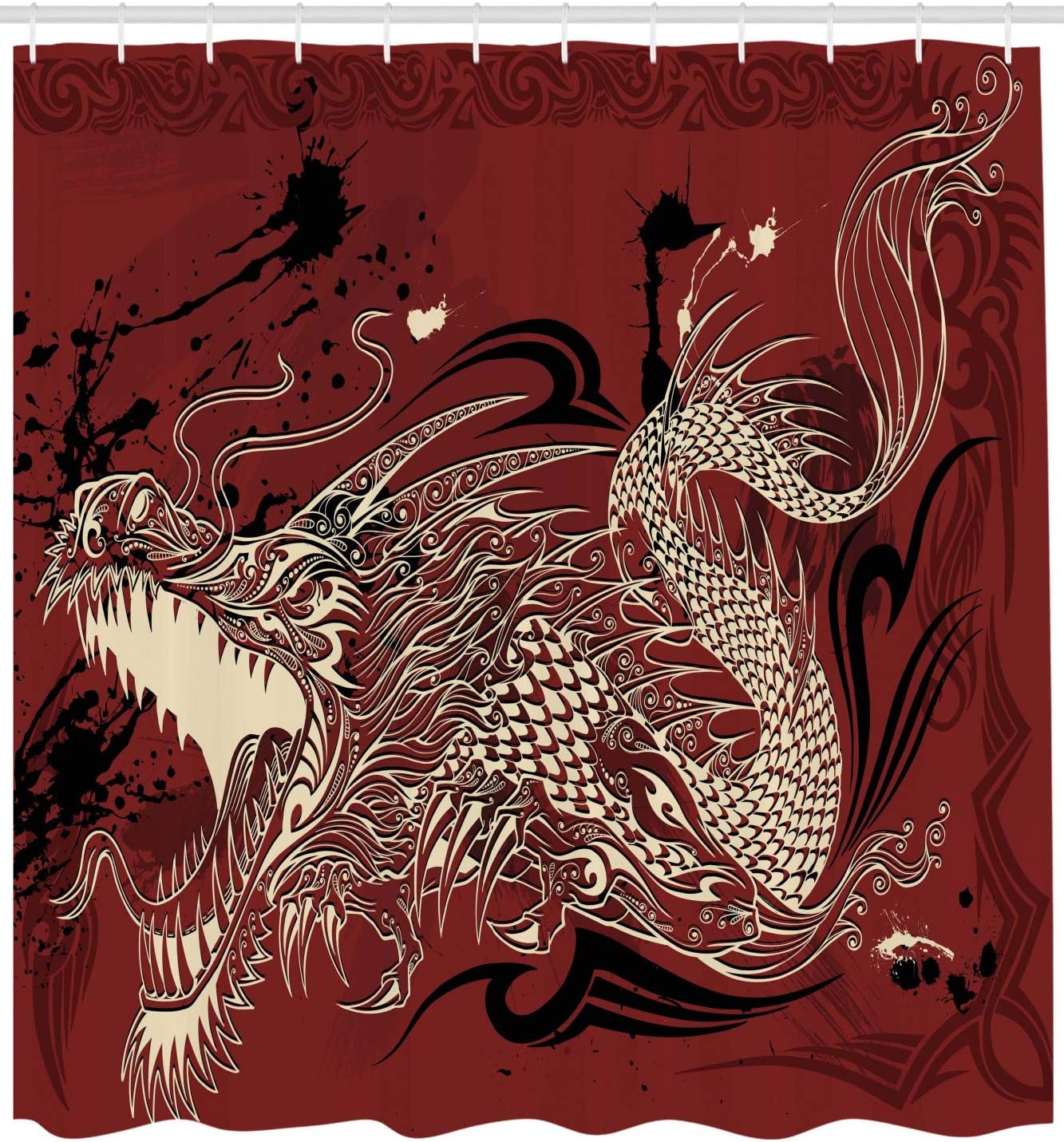 Grunge Angry Dragon Shower Curtain - Cloth Fabric Bathroom Decor In Ivory And Ruby - Image 2