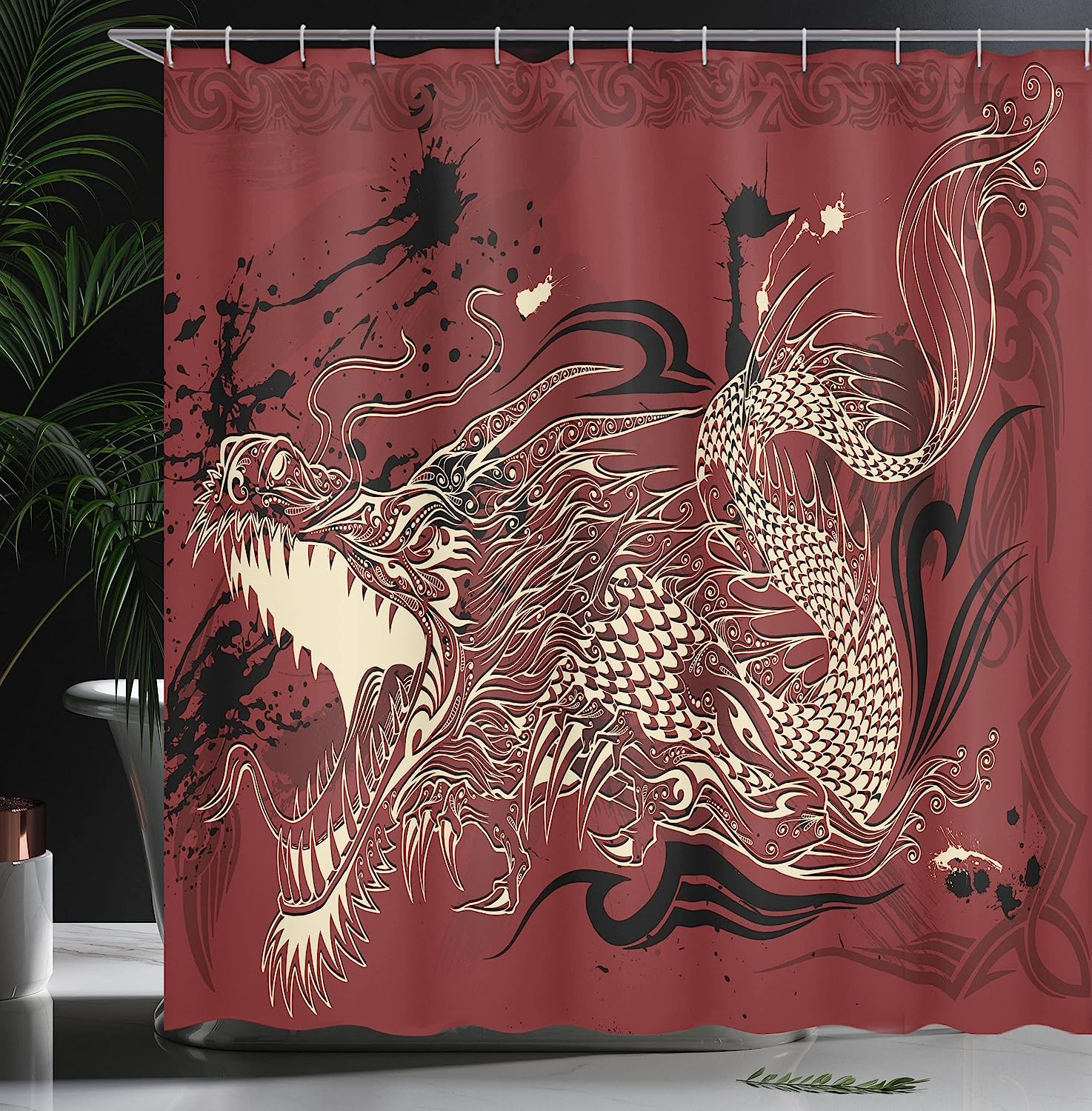 Grunge Angry Dragon Shower Curtain - Cloth Fabric Bathroom Decor In Ivory And Ruby - Image 3